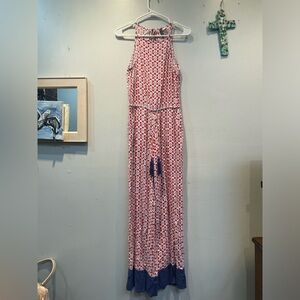 Divided Red and White Patterned Halter Jumpsuit with Blue Trim